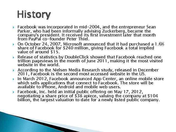 History Facebook was incorporated in mid-2004, and the entrepreneur Sean Parker, who had been