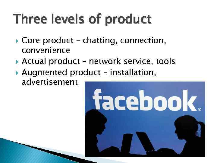 Three levels of product Core product – chatting, connection, convenience Actual product – network