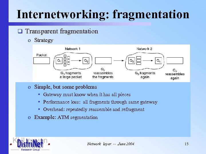 Internetworking: fragmentation q Transparent fragmentation o Strategy • Gateway breaks large packet into fragments