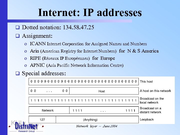 Internet: IP addresses q Dotted notation: 134. 58. 47. 25 q Assignment: o ICANN