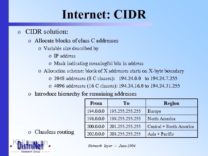 Internet: CIDR o CIDR solution: o Allocate blocks of class C addresses o Variable