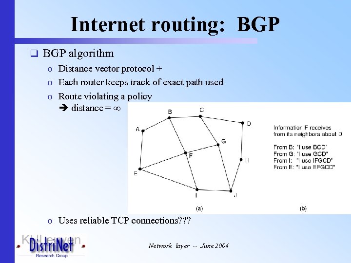 Internet routing: BGP q BGP algorithm o Distance vector protocol + o Each router