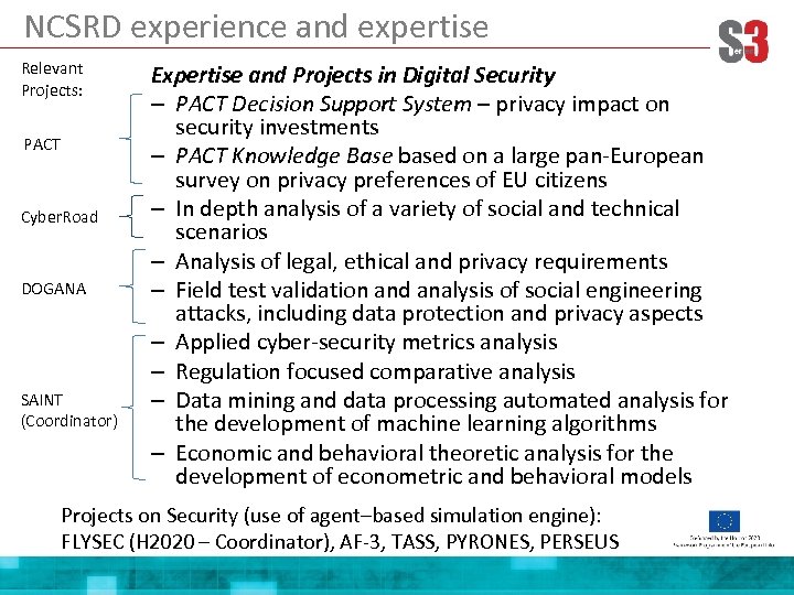 NCSRD experience and expertise Relevant Projects: PACT Cyber. Road DOGANA SAINT (Coordinator) Expertise and