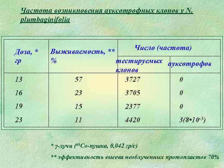 Частота возникновения ауксотрофных клонов у N. plumbaginifolia Доза, * гр 13 Число (частота) Выживаемость,