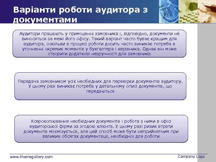 Варіанти роботи аудитора з документами Аудитори працюють у приміщенні замовника і, відповідно, документи не