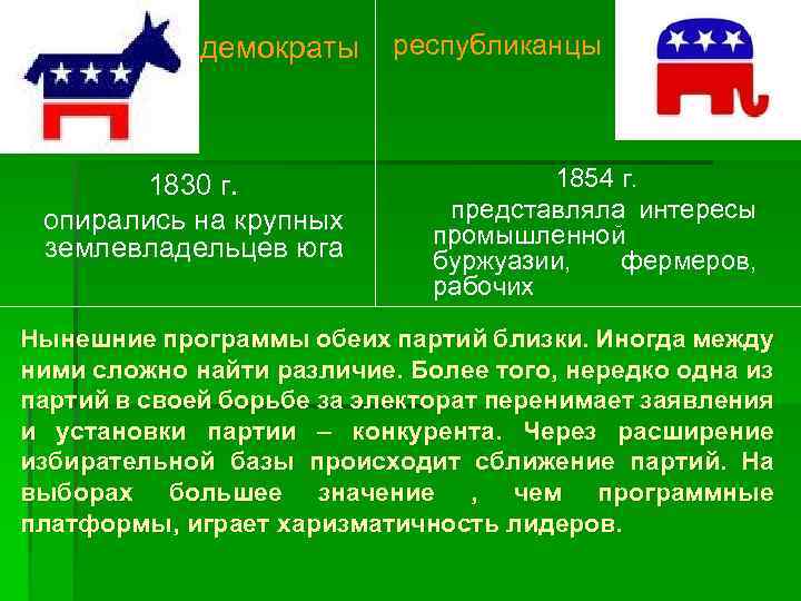 демократы 1830 г. опирались на крупных землевладельцев юга республиканцы 1854 г. представляла интересы промышленной