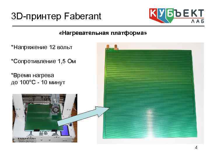 3 D-принтер Faberant «Нагревательная платформа» *Напряжение 12 вольт *Сопротивление 1, 5 Ом *Время нагрева