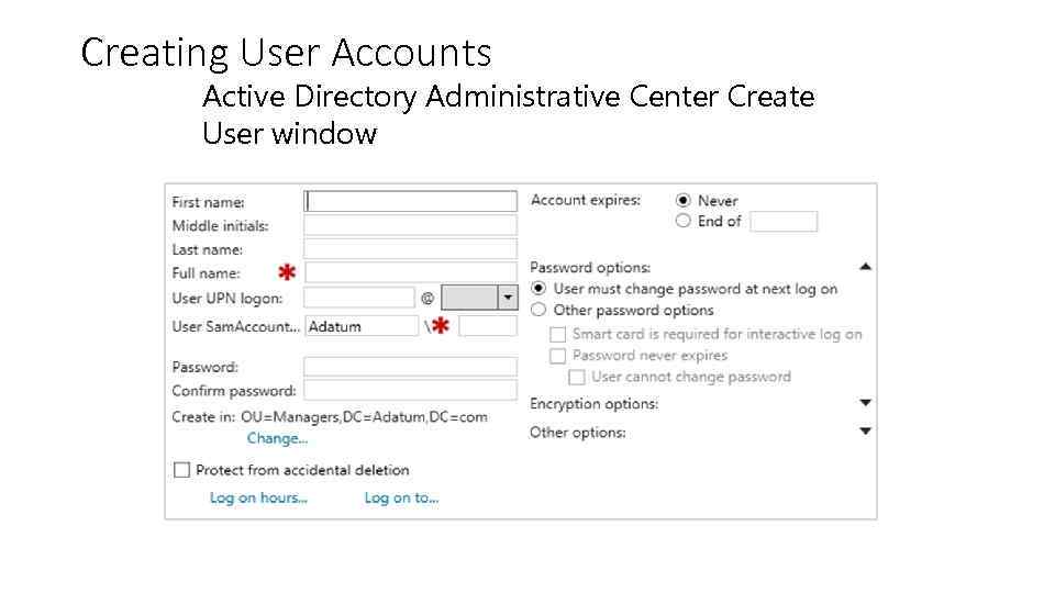 Creating User Accounts Active Directory Administrative Center Create User window 