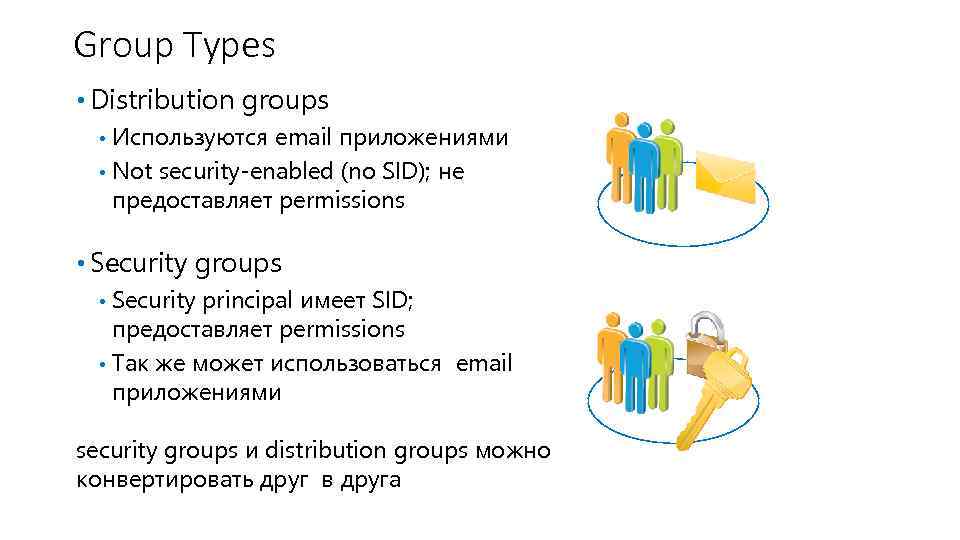 Group Types • Distribution groups Используются email приложениями • Not security-enabled (no SID); не