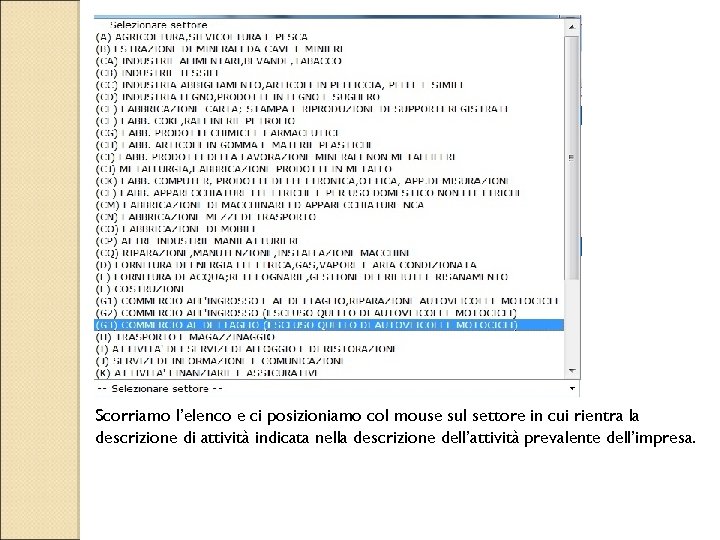 Scorriamo l’elenco e ci posizioniamo col mouse sul settore in cui rientra la descrizione