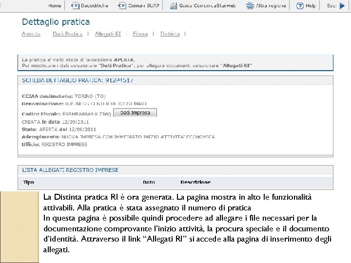 La Distinta pratica RI è ora generata. La pagina mostra in alto le funzionalità