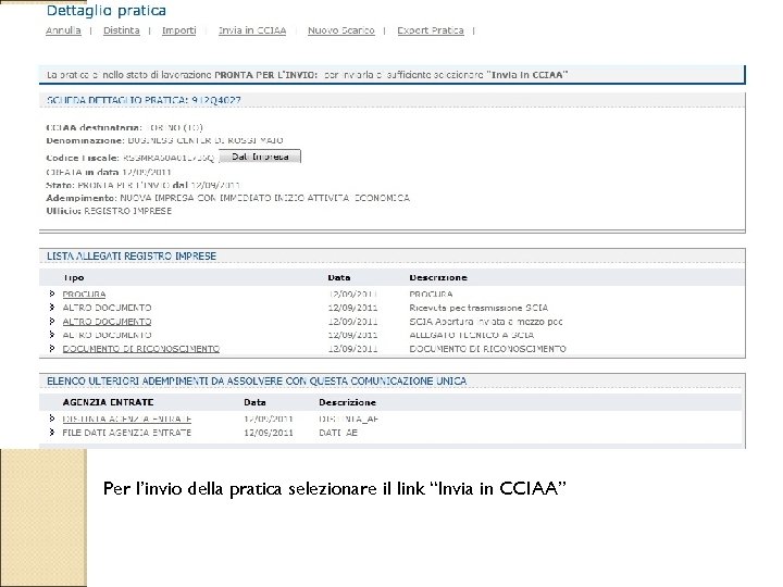 Per l’invio della pratica selezionare il link “Invia in CCIAA” 