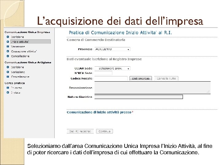 L’acquisizione dei dati dell’impresa Selezioniamo dall’area Comunicazione Unica Impresa l’Inizio Attività, al fine di