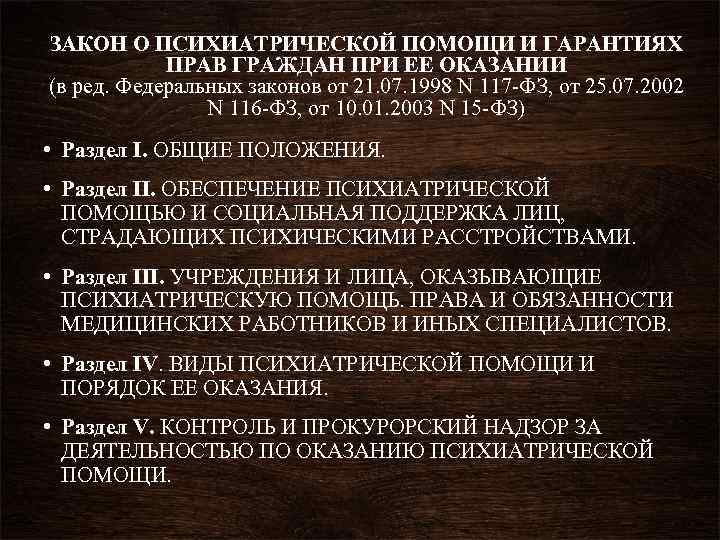 ЗАКОН О ПСИХИАТРИЧЕСКОЙ ПОМОЩИ И ГАРАНТИЯХ ПРАВ ГРАЖДАН ПРИ ЕЕ ОКАЗАНИИ (в ред. Федеральных