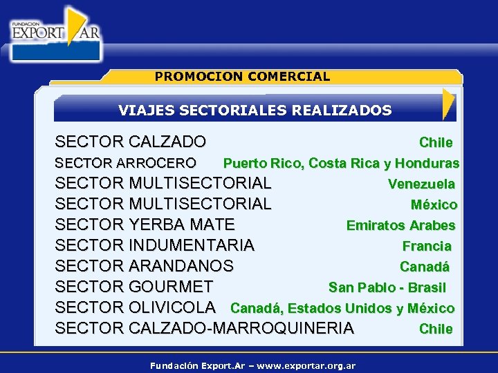 PROMOCION COMERCIAL VIAJES SECTORIALES REALIZADOS SECTOR CALZADO Chile SECTOR ARROCERO Puerto Rico, Costa Rica