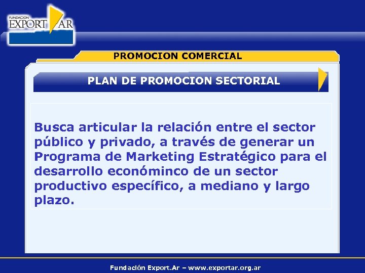 PROMOCION COMERCIAL PLAN DE PROMOCION SECTORIAL Busca articular la relación entre el sector público