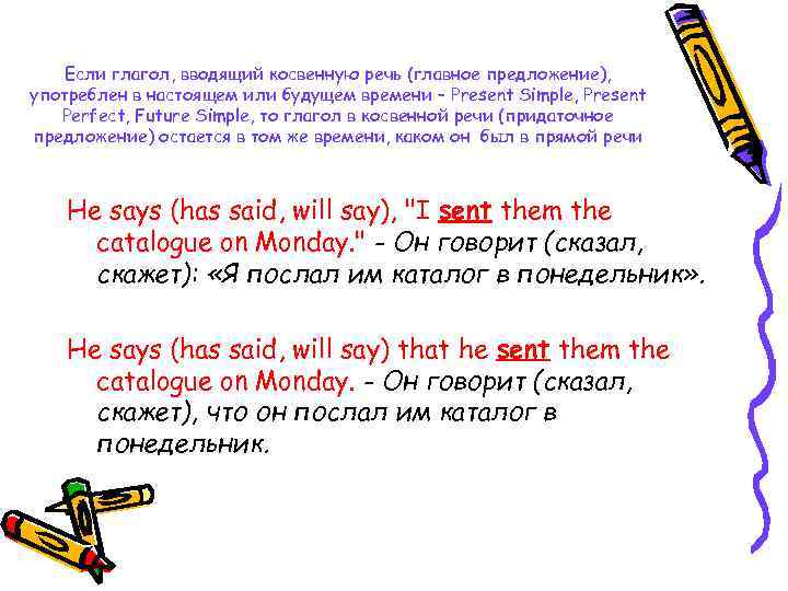 Если глагол, вводящий косвенную речь (главное предложение), употреблен в настоящем или будущем времени –