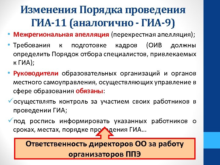 Изменения Порядка проведения ГИА-11 (аналогично - ГИА-9) • Межрегиональная апелляция (перекрестная апелляция); • Требования