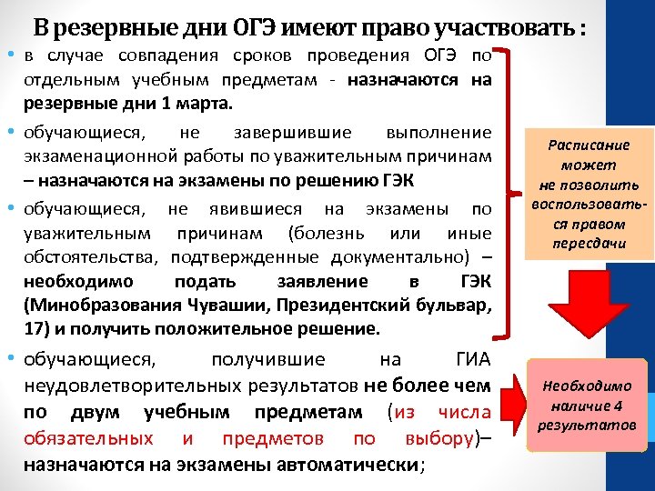 В резервные дни ОГЭ имеют право участвовать : • в случае совпадения сроков проведения