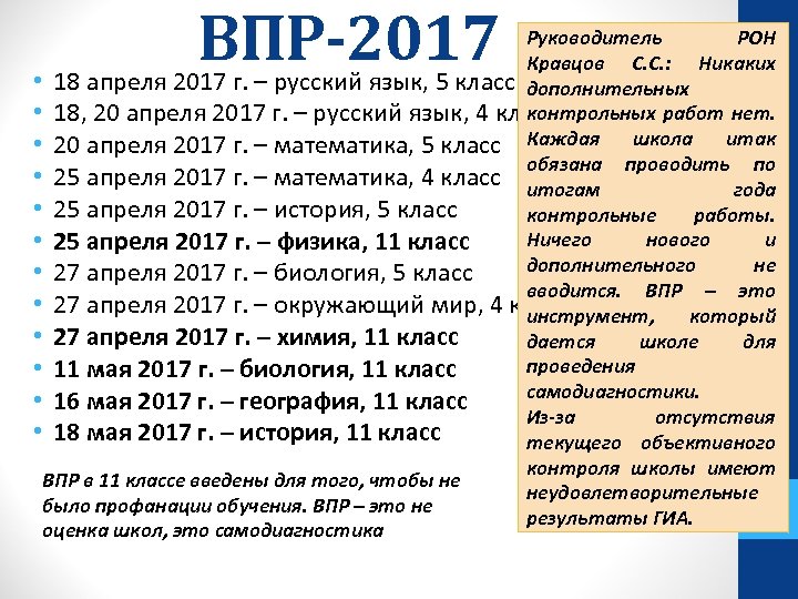 ВПР-2017 Руководитель РОН Кравцов С. С. : Никаких • 18 апреля 2017 г. –