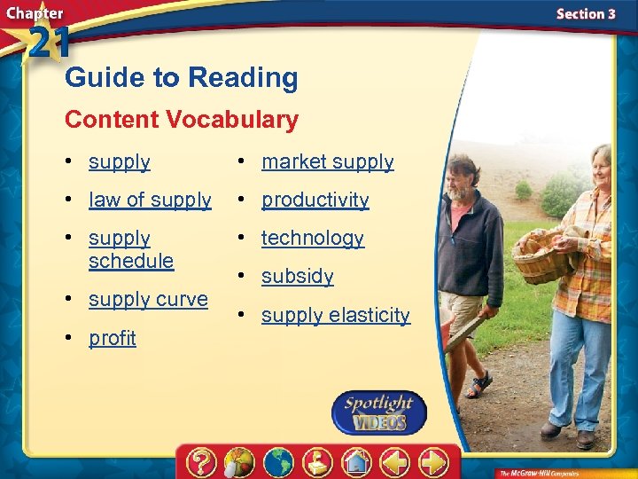 Guide to Reading Content Vocabulary • supply • market supply • law of supply