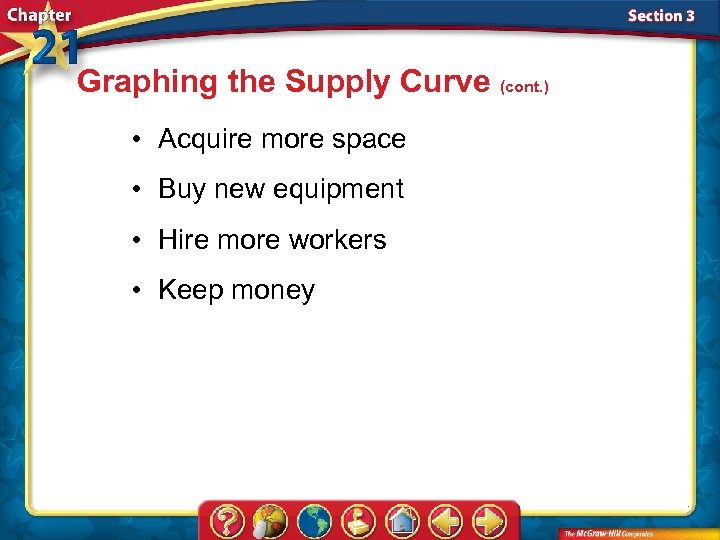 Graphing the Supply Curve (cont. ) • Acquire more space • Buy new equipment