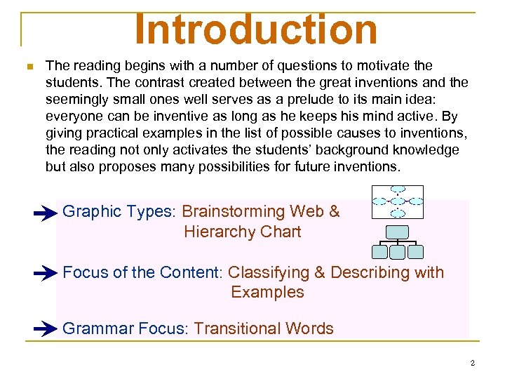 Introduction n The reading begins with a number of questions to motivate the students.