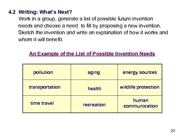 4. 2 Writing: What’s Next? Work in a group, generate a list of possible