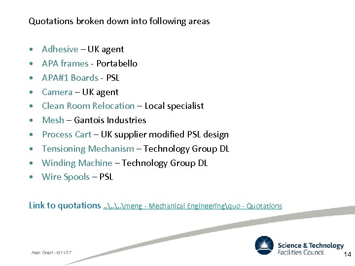 Quotations broken down into following areas • • • Adhesive – UK agent APA