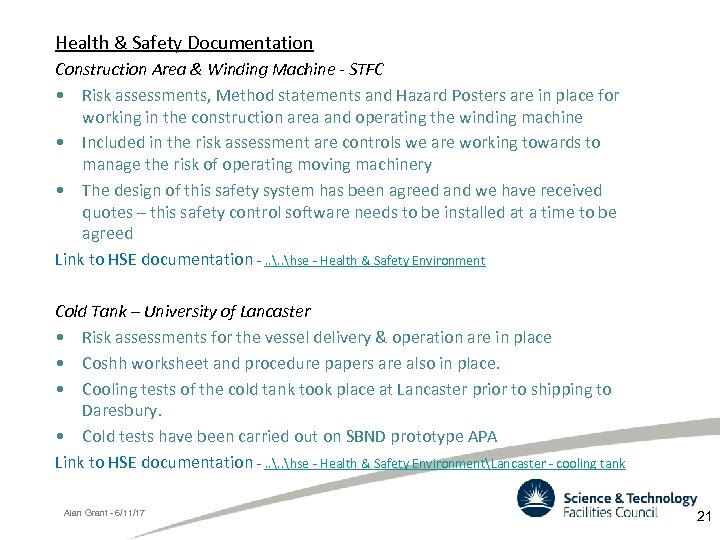 Health & Safety Documentation Construction Area & Winding Machine - STFC • Risk assessments,