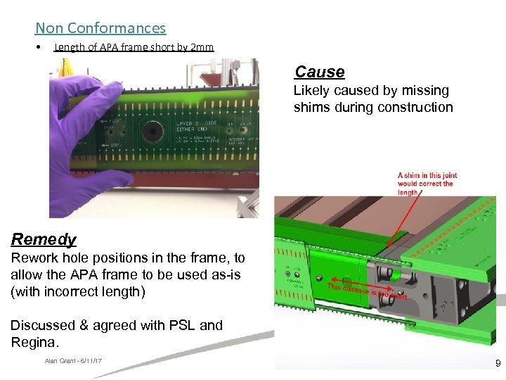 Non Conformances • Length of APA frame short by 2 mm Cause Likely caused