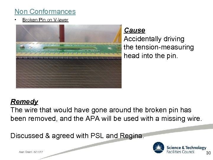 Non Conformances • Broken Pin on V-layer Cause Accidentally driving the tension-measuring head into