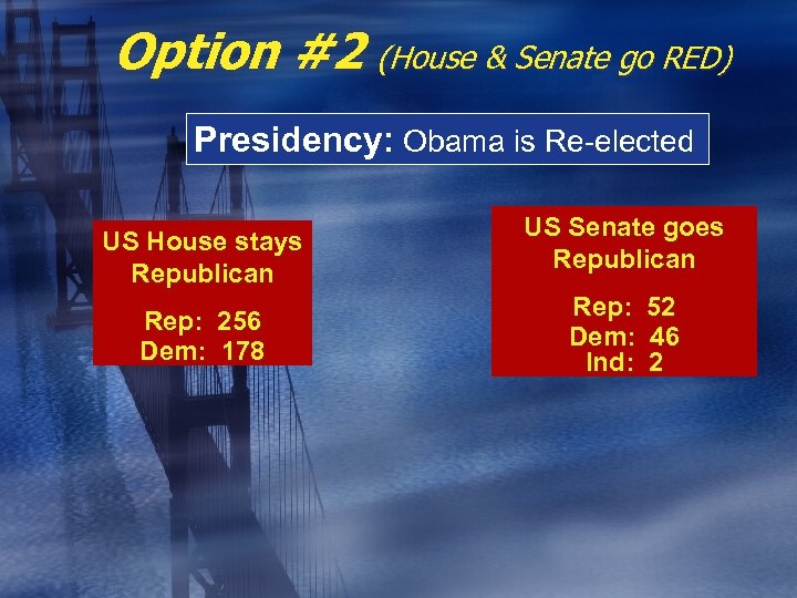 Option #2 (House & Senate go RED) Presidency: Obama is Re-elected US House stays