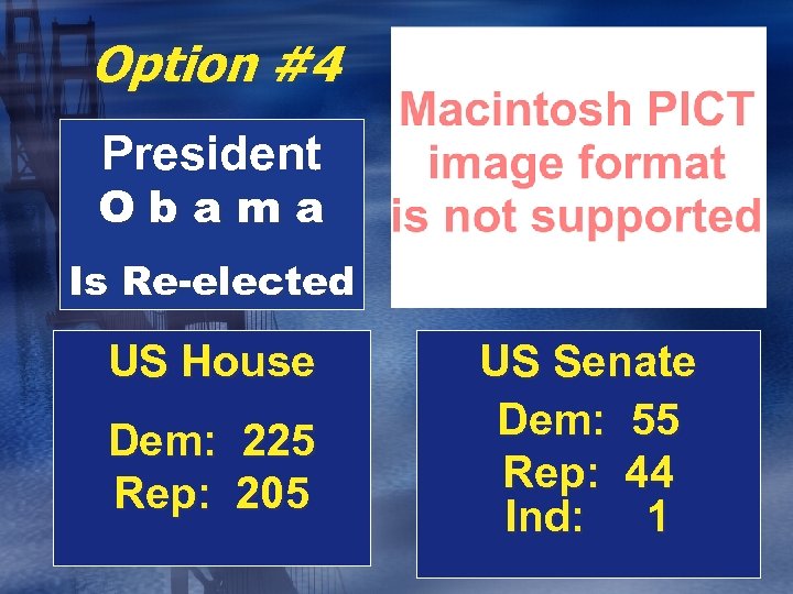 Option #4 President Obama Is Re-elected US House Dem: Rep: 225 205 US Senate