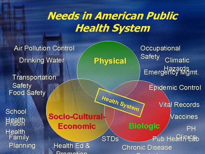 Needs in American Public Health System Air Pollution Control Drinking Water Transportation Safety Food