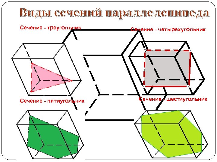 Виды сечений параллелепипеда Сечение - треугольник Сечение - пятиугольник Сечение - четырехугольник Сечение -