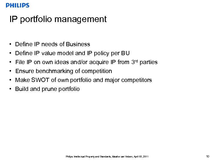 IP portfolio management • • • Define IP needs of Business Define IP value