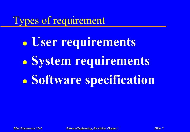 Types of requirement User requirements l System requirements l Software specification l ©Ian Sommerville