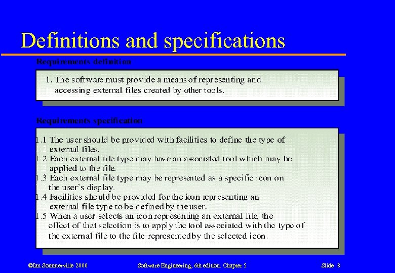 Definitions and specifications ©Ian Sommerville 2000 Software Engineering, 6 th edition. Chapter 5 Slide