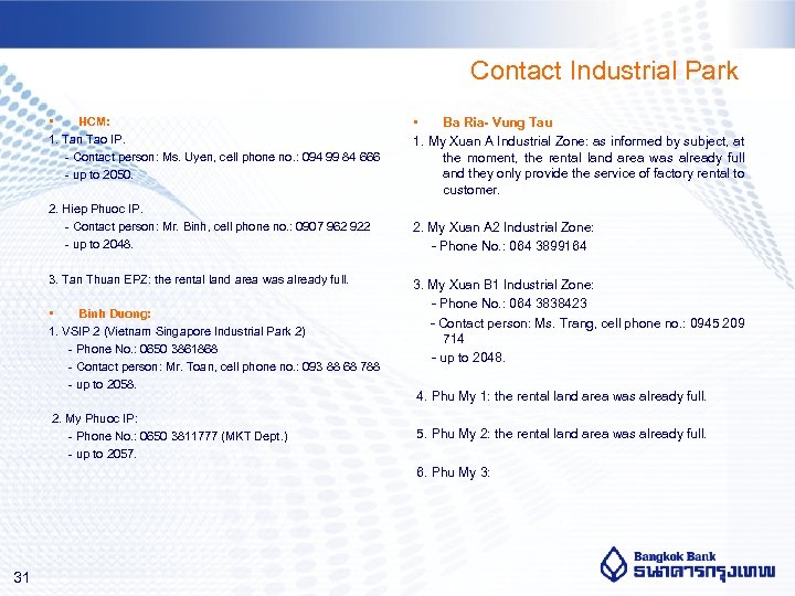Contact Industrial Park • HCM: 1. Tan Tao IP. - Contact person: Ms. Uyen,