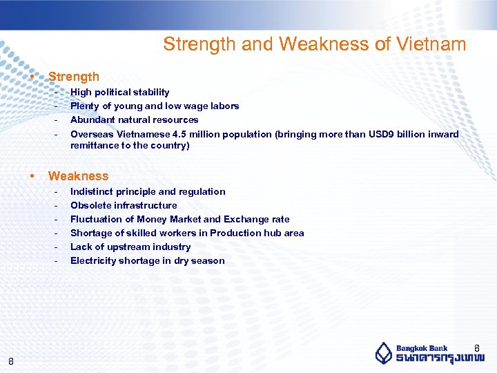 Strength and Weakness of Vietnam • Strength - • High political stability Plenty of