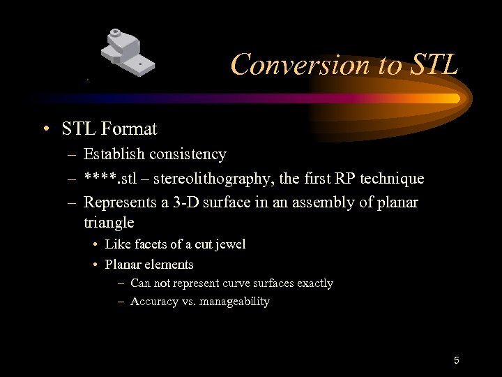Conversion to STL • STL Format – Establish consistency – ****. stl – stereolithography,