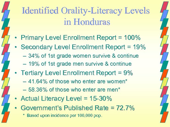 Identified Orality-Literacy Levels in Honduras • Primary Level Enrollment Report = 100% • Secondary