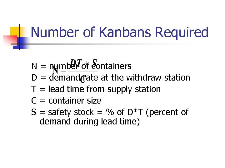 Number of Kanbans Required N = number of containers D = demand rate at