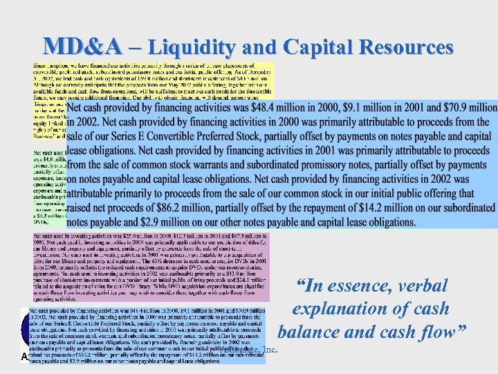 MD&A – Liquidity and Capital Resources “In essence, verbal explanation of cash balance and