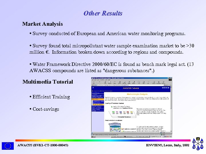 Other Results Market Analysis • Survey conducted of European and American water monitoring programs.