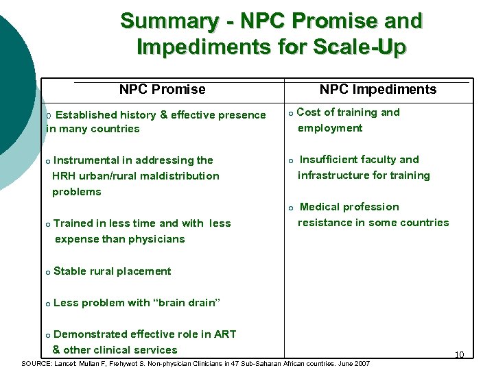 Summary - NPC Promise and Impediments for Scale-Up NPC Promise NPC Impediments o Cost