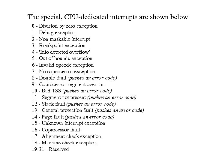 The special, CPU-dedicated interrupts are shown below 0 - Division by zero exception 1