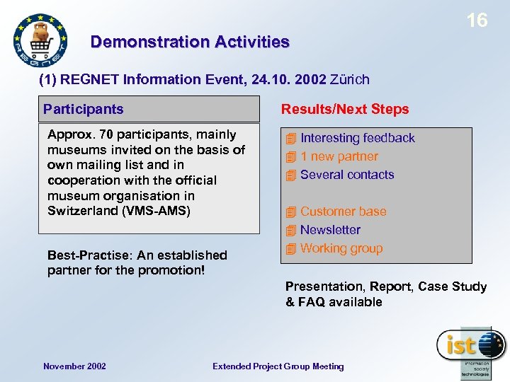 16 Demonstration Activities (1) REGNET Information Event, 24. 10. 2002 Zürich Participants Results/Next Steps