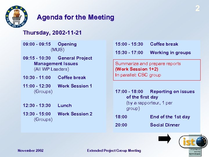 2 Agenda for the Meeting Thursday, 2002 -11 -21 09: 00 - 09: 15